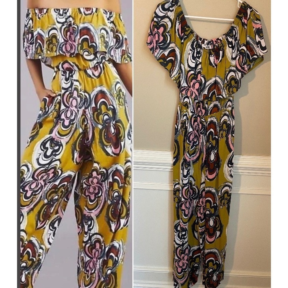 Bel Kazan Anthropologie‎ Size S Lilly Jumpsuit Floral Off Shoulder Wide Leg